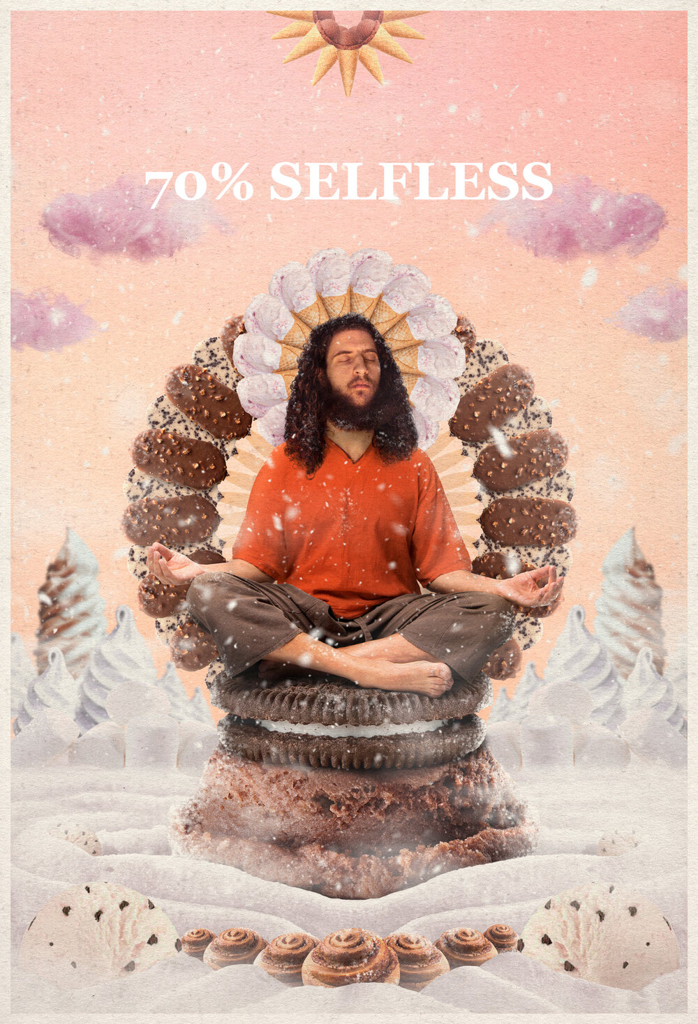 70% Selfless official poster: an aspiring monk meditating on a tower of sweets, a short documentary by Joris Skudra