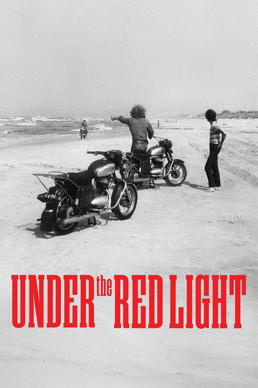 Under the Red Light official poster: men with motorcycles on a Lithuanian beach, a Romualdas Požerskis photograph, documentary by Joris Skudra