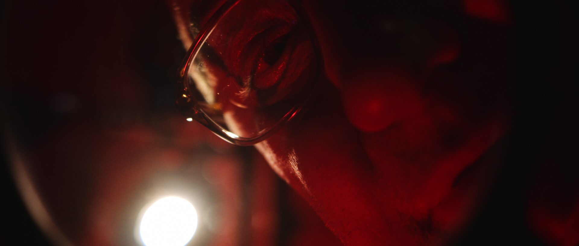 Photographer Romualdas Požerskis in close-up under darkroom red light, still from Under the Red Light by Joris Skudra